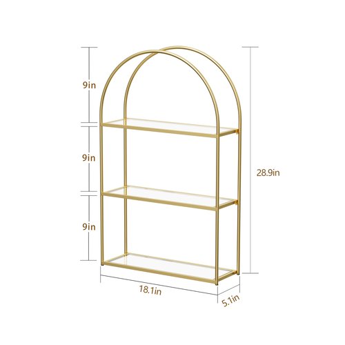 Crofy Gold Arched Frame Wall Shelf, Decorative 3 Tier Bathroom Wall Shelf with Transparent Tempered Glass Shelves and Robust Storage Capacity, 5.1" D x 18.1" W x 28.9" H