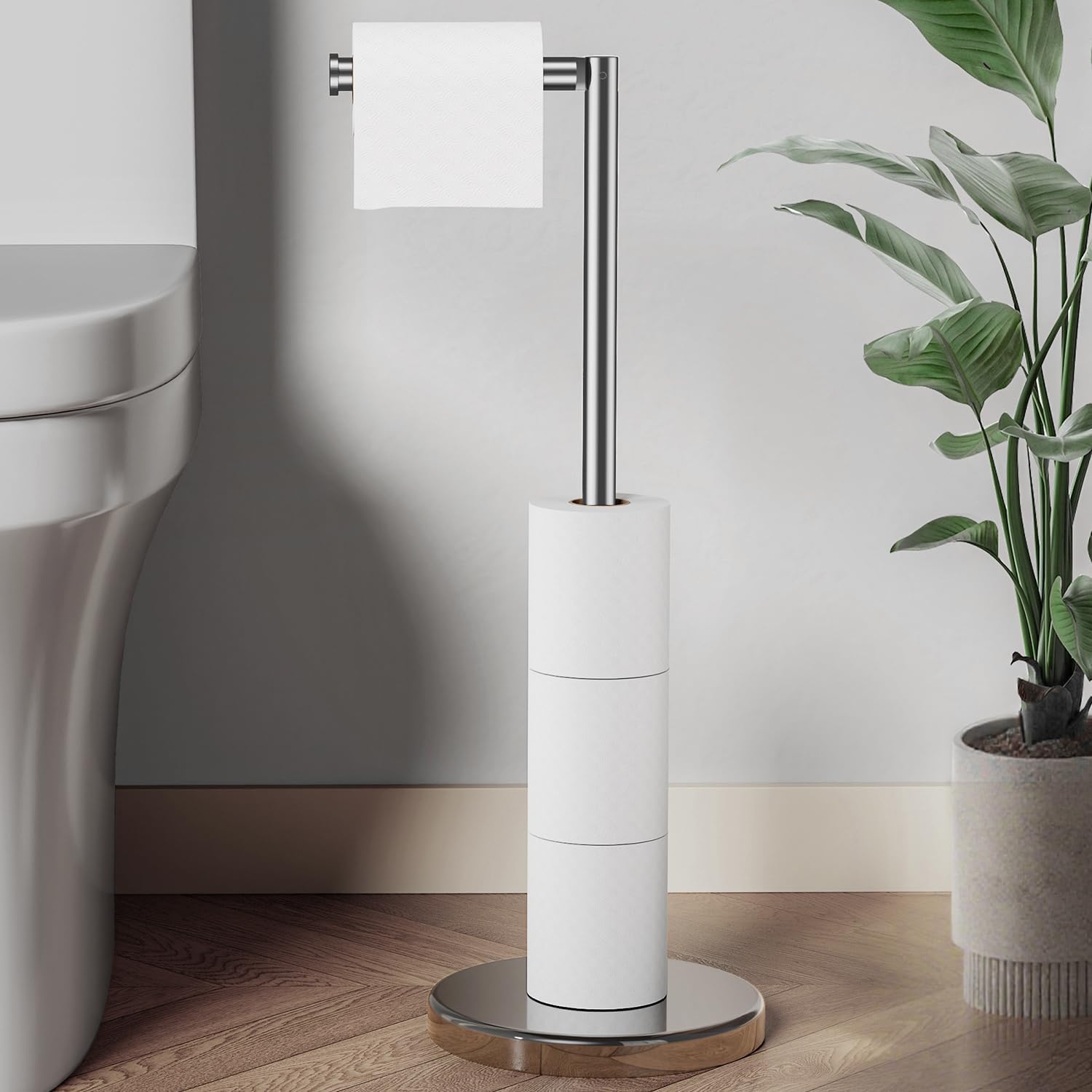 Polished Chrome Toilet Paper Holder Stand by [Brand Name] - Free Standing Design for 4 Rolls, Stainless Steel with Non-Slip Base