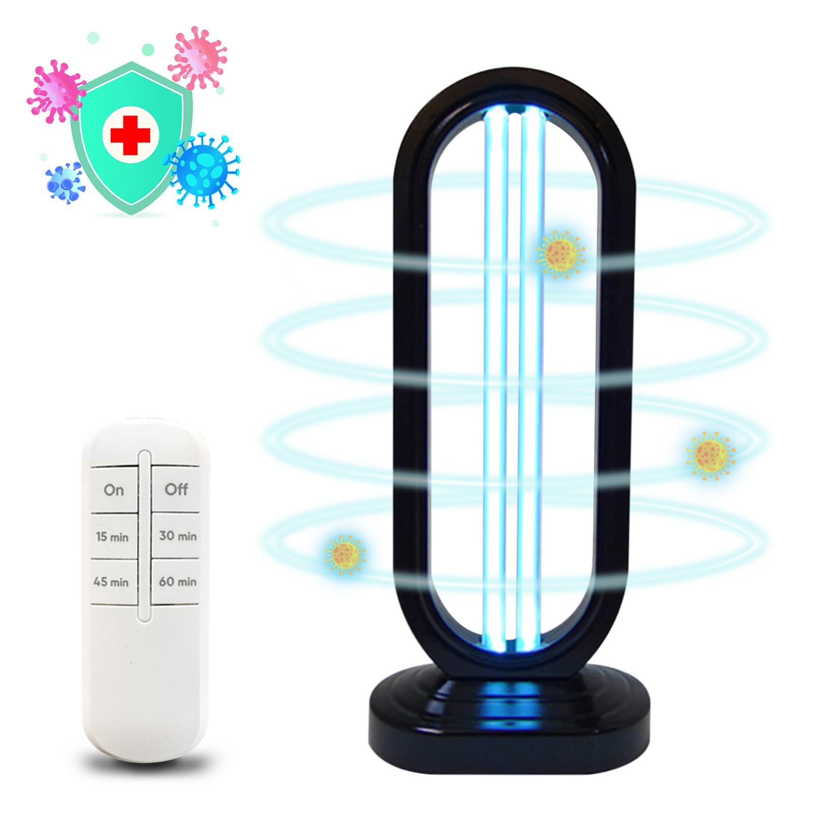 UV Light - Uv Bed Bugs, UV Lamp with 4- Speed Timing and Remote Control (38w Uvc Bulb) (1Pcs-Black)