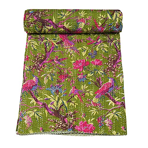 Handmade Cotton Bohemian Kantha Quilt - Bird Print, Queen Size