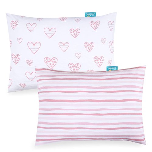 Biloban Organic Cotton Toddler Pillowcase 2 Pack, (Pillowcase Only) Kids Pillowcases for Sleeping Fit Pillow Sized 13"x 18" or 14"x19", Envelope Travel Pillowcase for Girl Boy, Pink Heart & Pink Strip