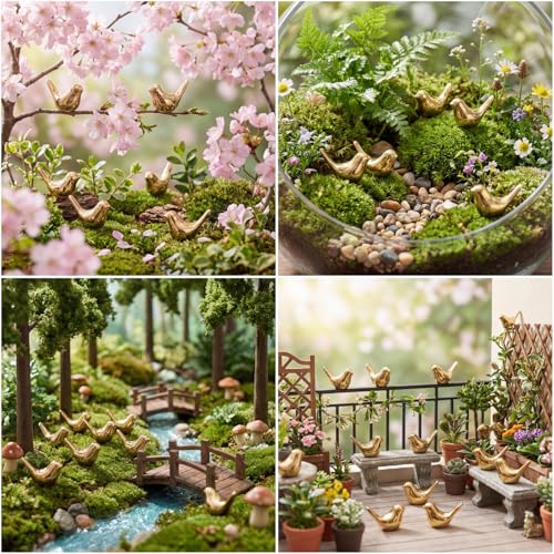 100 Pcs Gold Mini Bird Figurines, Miniature Resin Bird Statues for DIY