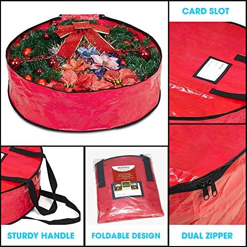 ProPik Christmas Wreath Storage Bag - Heavy-Duty Tear Resistant Holiday Container | 24” X 8” (Red)