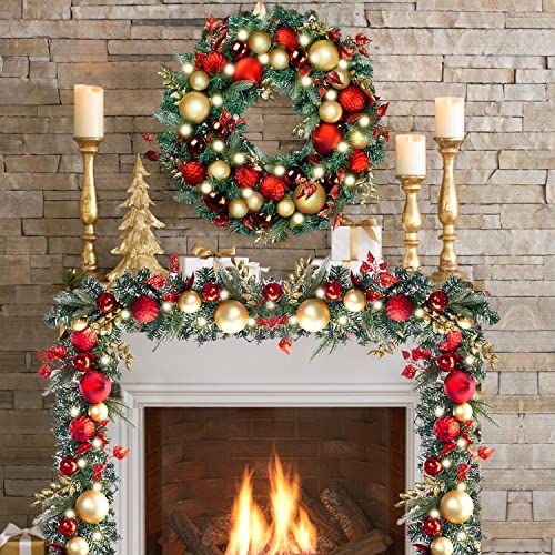 30-Inch Pre-Lit Christmas Wreath with LED Lights, Red and Gold Ornaments