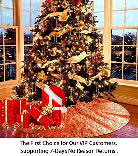 ShinyBeauty 48-Inch Orange Embroidered Sequin Christmas Tree Skirt (Sequin Fabric, One-Piece, Hook & Loop) - for 6-8 ft Trees