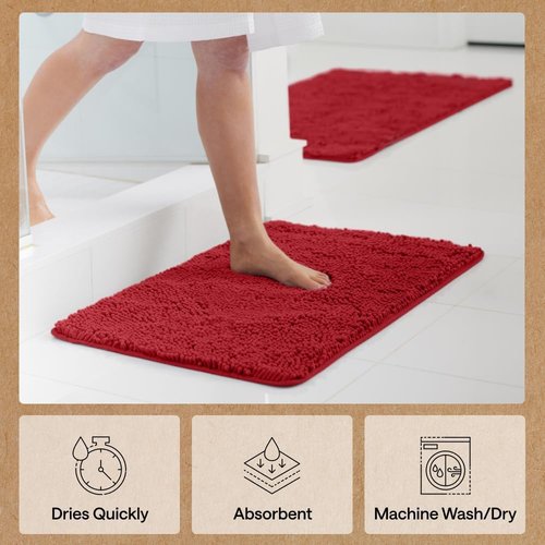 GORILLA GRIP Bath Rug Mat - Thick Soft Absorbent Chenille | Quick-Dry Microfiber, 44x26, Red