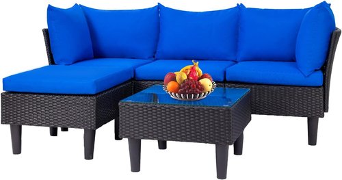 FDW Outdoor Sectional Sofa Set - 5-Piece Wicker Rattan Conversation Set with Blue Cushions for Patio & Garden