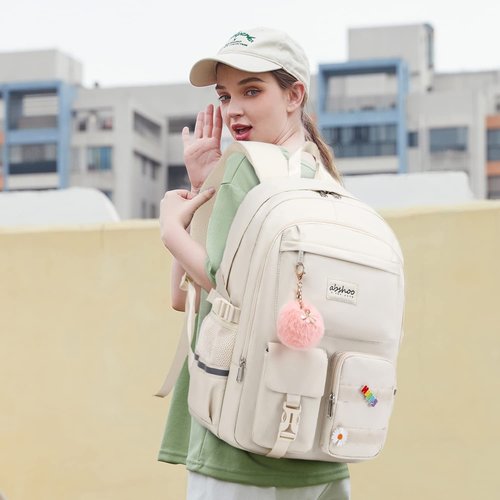abshoo Large School Backpack with Lunch Bag Teen Girls School Bookbag 3PCS Student Backpacks Set Travel Daypack (Beige)