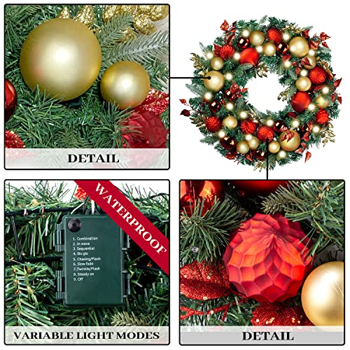 30-Inch Pre-Lit Christmas Wreath with LED Lights, Red and Gold Ornaments