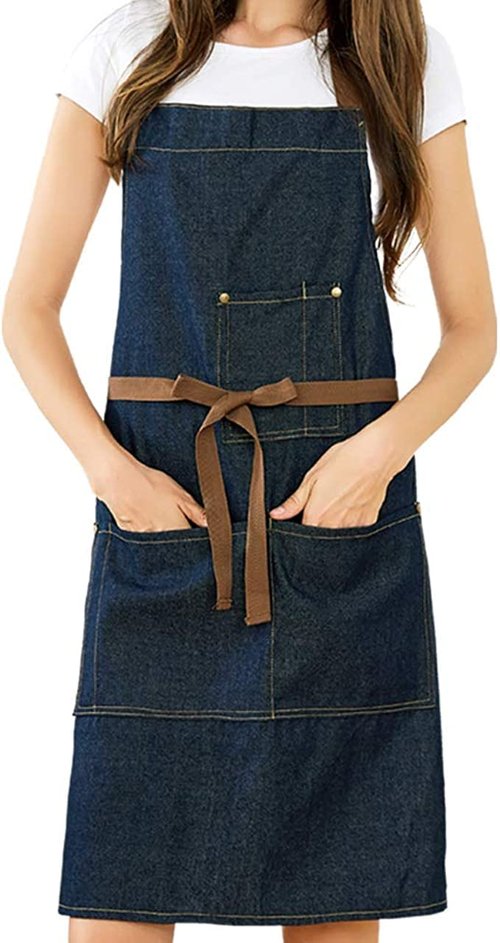 YukaBa Blue Adjustable Denim Jean Kitchen apron with 5 Pockets for Women Men Optimized upgrade(Denim) (Set of 4)
