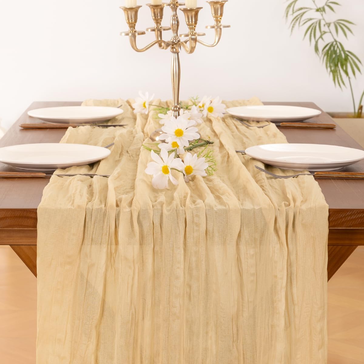 Socomi Gold Champagne Cheesecloth Table Runner - 120 Inch Sheer Gauze for Weddings & Events