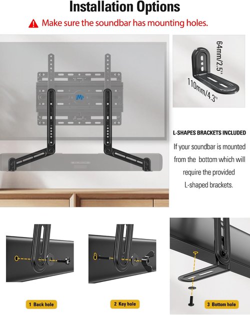 Mounting Dream Soundbar Mount Bracket - Fits Most Sound Bars Up to 15 Lbs | Detachable Extension Plates MD5420