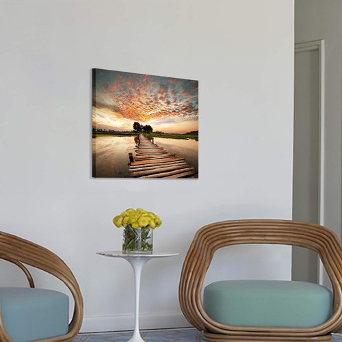 Landscape Artworks Pictures Wall Art: Stairway to Heaven’s Sunset Stunning Lake Bridge Print on Canvas for Living Room (18” x 24” x 1 Panel)