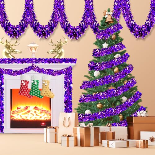 33ft Purple Metallic Tinsel Garland, 3.5-Inch Thick Holiday Decor