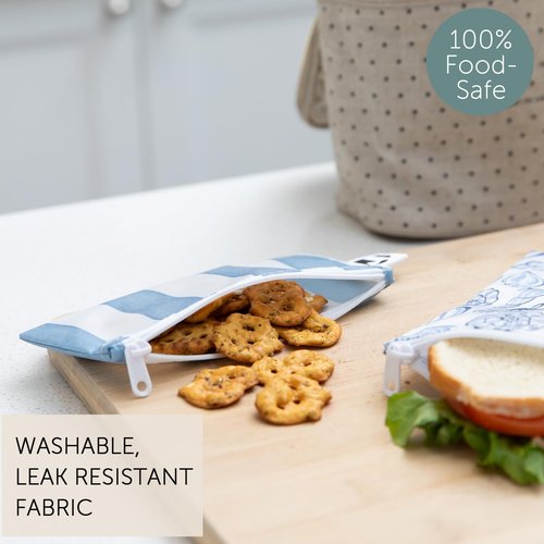 Bumkins Roamio Reusable Snack Bags, for Kids School Lunch and for Adults Portion, Washable Fabric, Waterproof Cloth Zip Bag, Pack Travel Pouch, Food-Safe Storage, 2-pk Nautical Stripe and Blue Shells