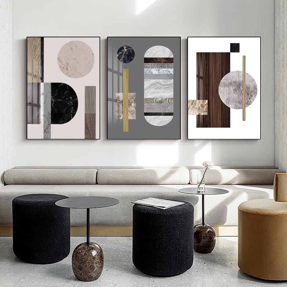QKF Large Geometry Wall Art - Modern Abstract Canvas Paintings for Living Room | 3 Panels, 16” x 24”