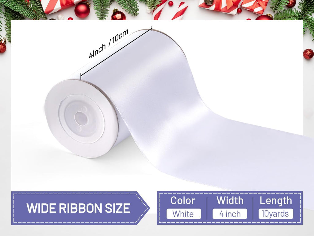 White Satin Ribbon - 4 Inch Wide Double Face for Gift Wrapping & Wedding Decor | 10 Yards