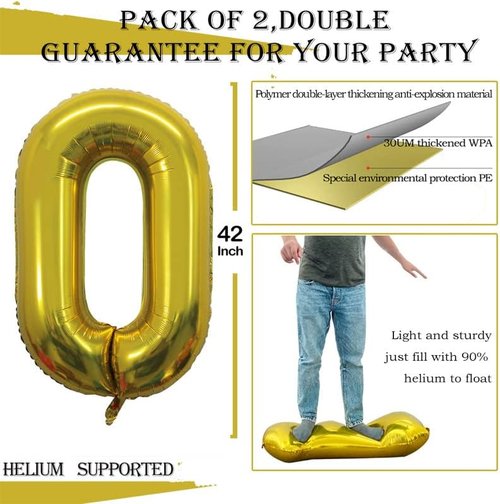 GOER Gold Foil Number 0 Balloons - 42 Inch, Perfect for Milestone Birthday Celebrations