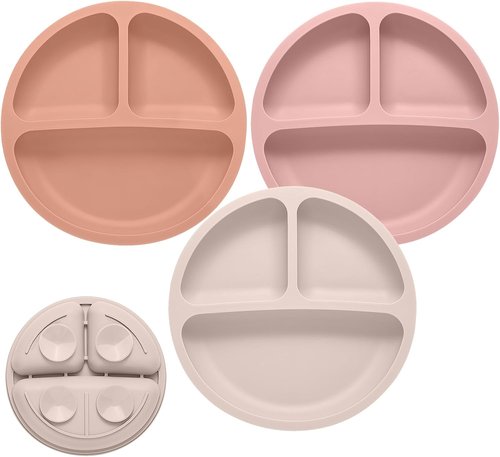 Eascrozn Toddler Plates - 3 Pack Divided Suction Plates | Food Grade Silicone, BPA Free, Non-Slip, Dishwasher Safe