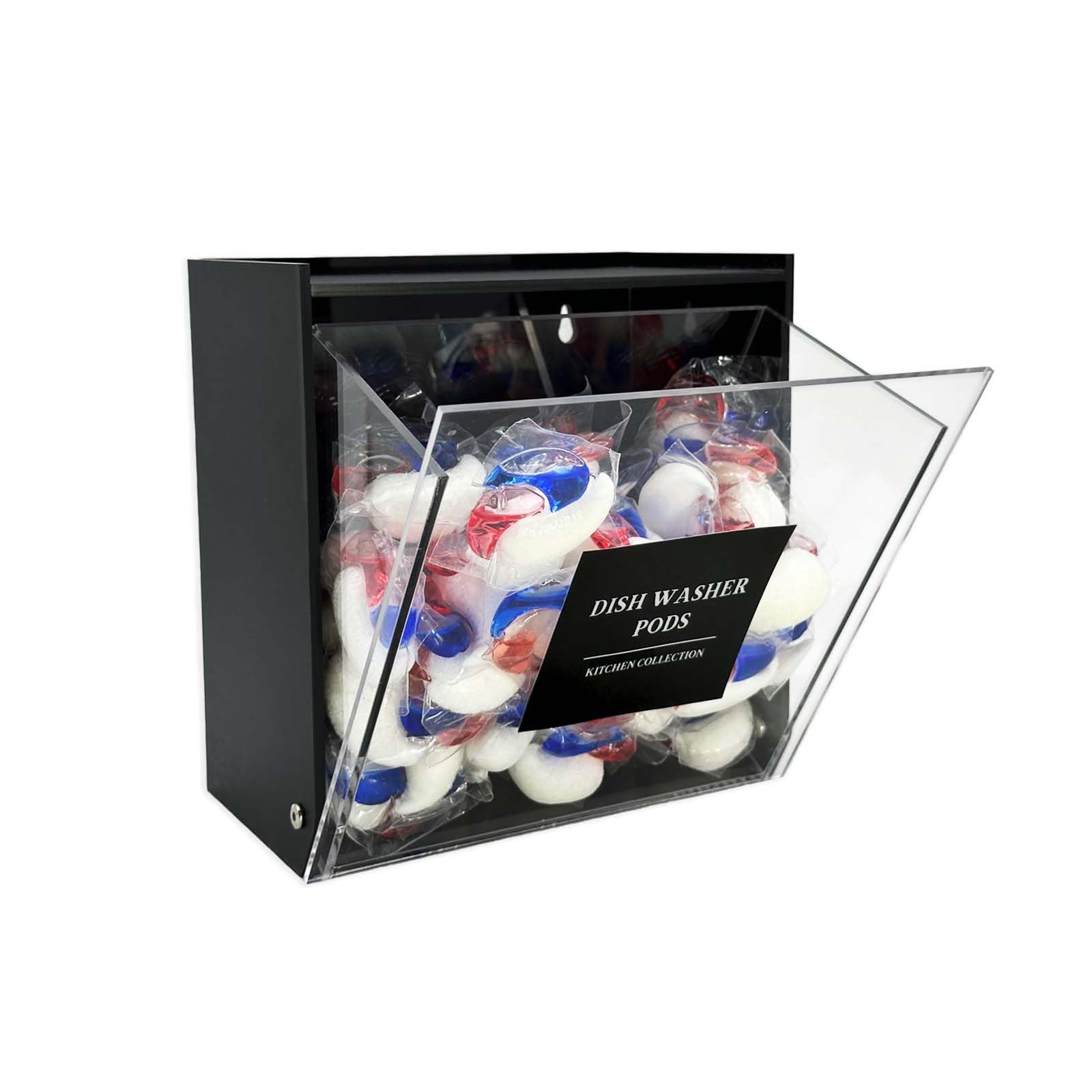 Gnjoyxuan Laundry Pods Container, Acrylic Wall Mounted Organizer with Extra Labels, Candy Dispenser Coffee Pod Holder Dishwasher Pods Case for Home,Kitchen, Office, Black
