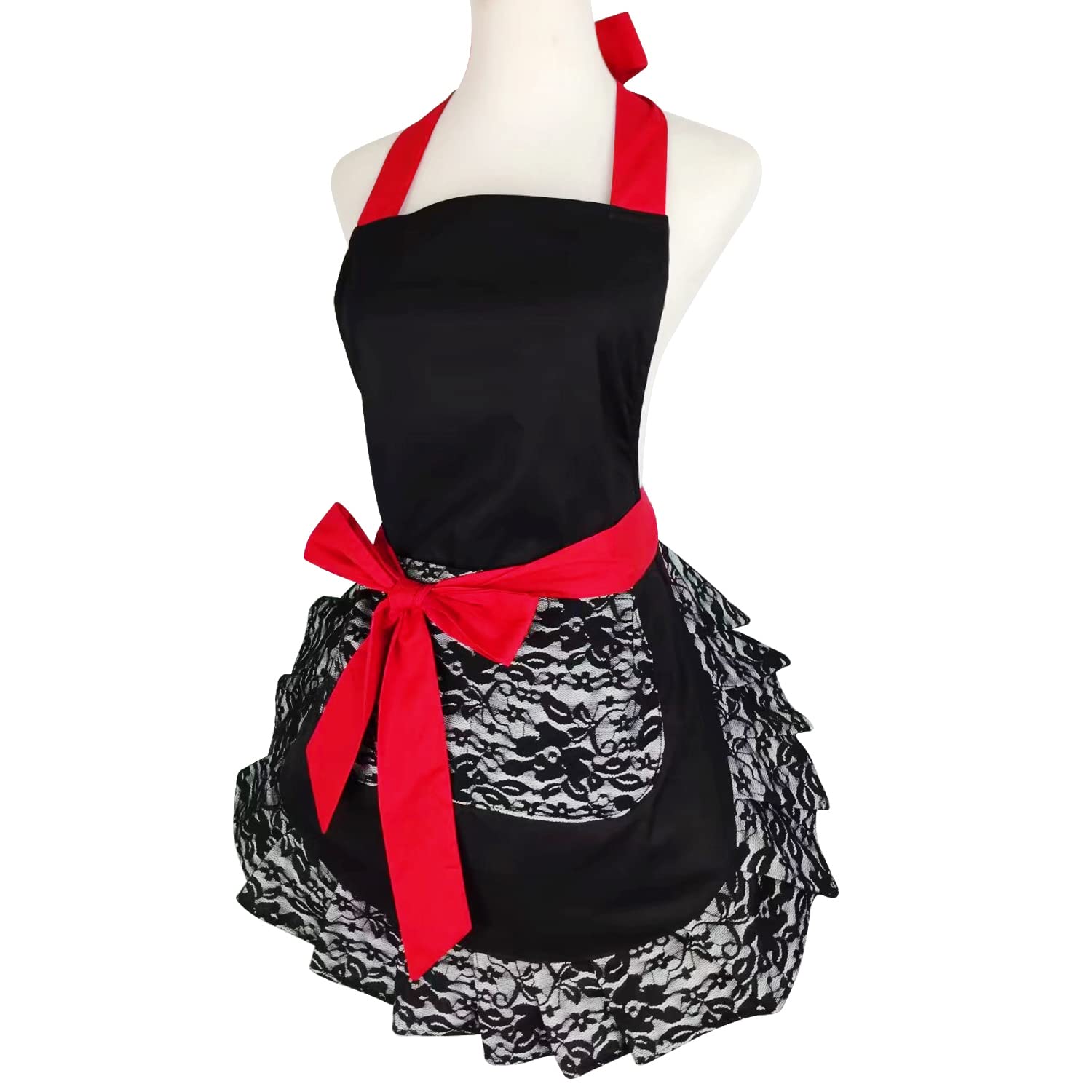 Floosum Black Lace Flirty Apron with Pocket, Fun Retro Sexy Cooking Pinup Aprons for Women Girls