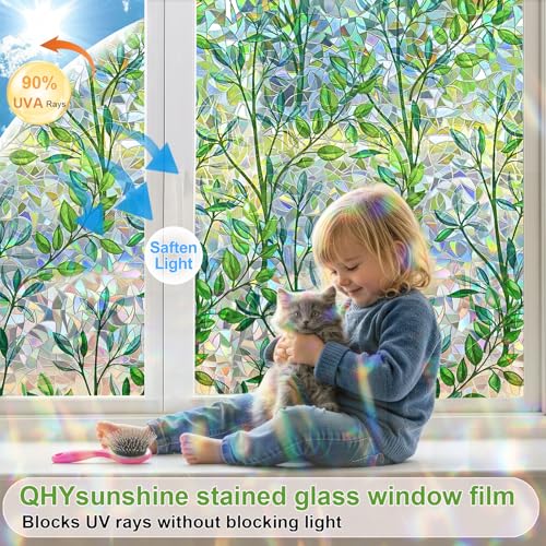 Rainbow Leaf Window Privacy Film - Non-Adhesive Decorative Clings (17.5 x 78.7 in)