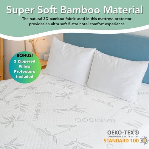 Bamboo Rayon Mattress Protector - 100% Waterproof Cooling Queen Size with Zipper & 2 Pillow Protectors | Ultra Soft, Breathable, Noiseless Encasement