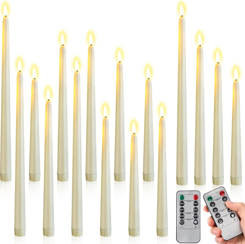 Rossesay Flameless Taper Candles - 16 Pcs Battery Operated with Remote Timer | Ivory LED Flickering for Weddings & Parties (8.5" to 12.8")