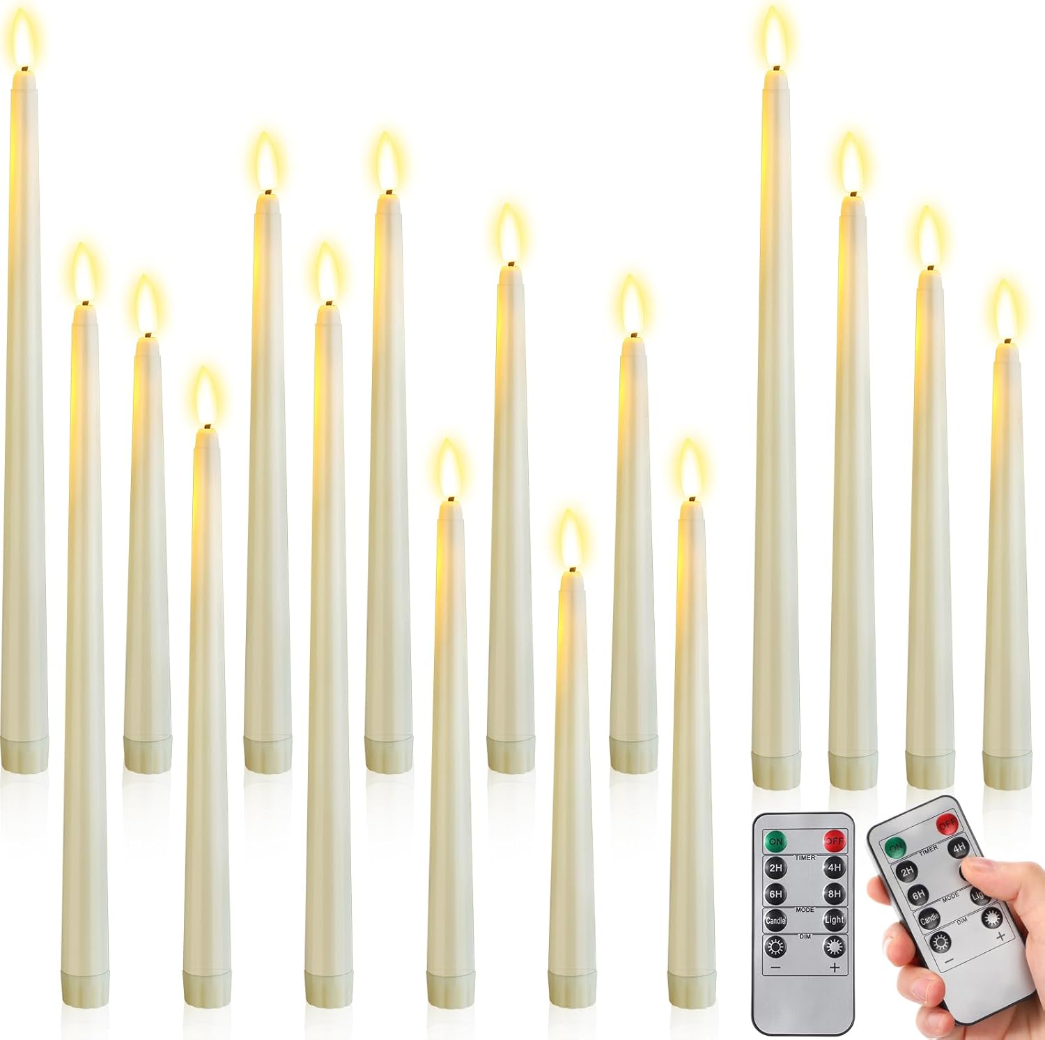 Rossesay Flameless Taper Candles - 16 Pcs Battery Operated with Remote Timer | Ivory LED Flickering for Weddings & Parties (8.5" to 12.8")