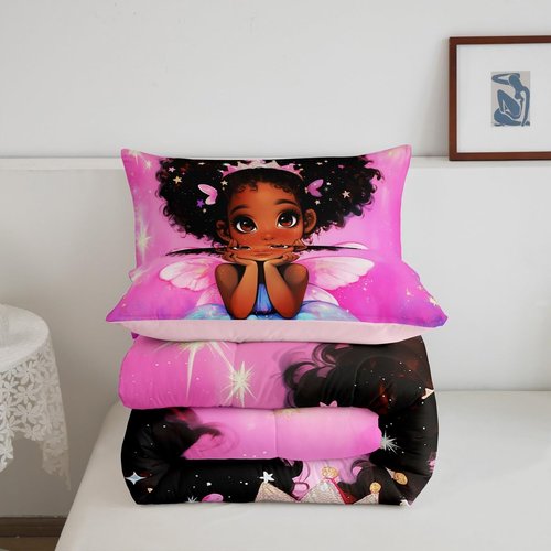 Erosebridal Black Girls Princess with Wings Comforter Set,Pink Gradient Rainbow Galaxy Kids Bedding Set for All Season-3 Pieces Duvet Insert Queen Size with 2 Pillowcases