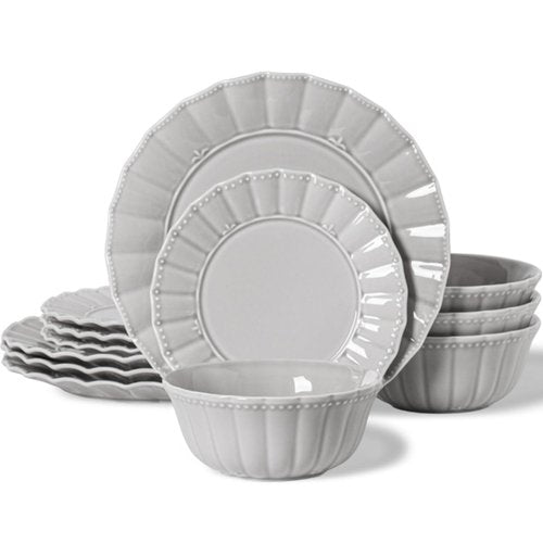 HOMBENE Dinnerware set, 12 Piece plates and bowls sets for 4, Ceramic Modern dish set for party, Porcelain dish set, House gift, Microwavable safe, Light Grey