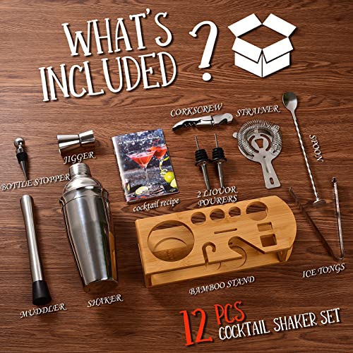 Wukuna Silver Cocktail Shaker Set Bartender Kit with Bamboo Stand, 12-Piece Bar Tools