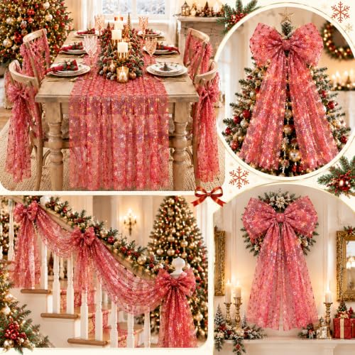 Christmas Table Runner Snowflake Gauze Glitter Foil 29x120in 3pc - Red Gold
