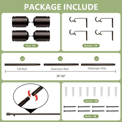 Adjustable Bronze Curtain Rods by [Brand Name] | 5/8” Diameter, 30-60 Inch for Small Windows | 2 Pack