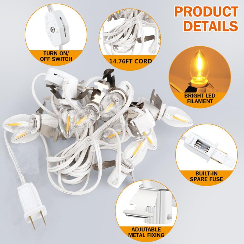 LCMLA 12-LED C7 Plug-in Christmas Village Light Cord with Spare Fuse 14.76 ft Warm White
