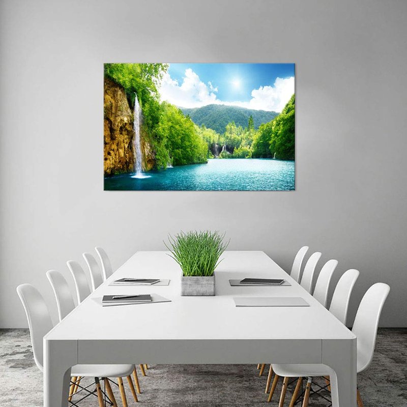 Yatsen Bridge Waterfall Painting for Living Room Wall Art Home Decor Prints Green Forest and Lake Pictures Artworks Wall Decoration Framed Ready to Hang for House(36''W x 24''H)