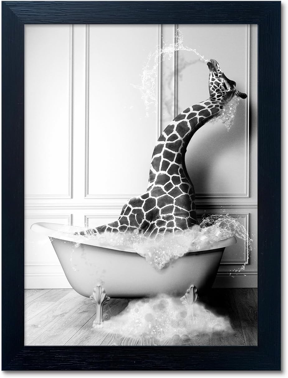 Skiennix Black and White Giraffe in Bathtub Canvas Print - Funny Animal Wall Art for Kids' Bathroom Decor