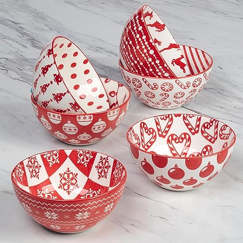 Peppermint Candy 13oz Porcelain Bowls Set of 6 - Christmas Holiday Snack & Dessert Serveware