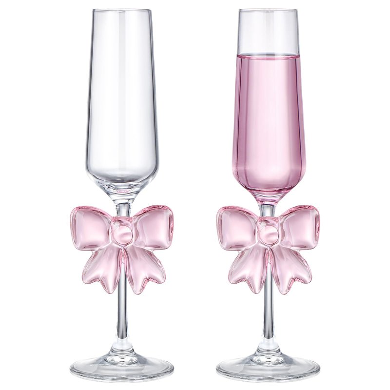 Reallnaive Wedding Champagne Flutes, 2 Pcs Pink Bow Coquette Glasses with Reinforced Stems, 8 oz Cute Feet Champagne Glasses for Wedding Engagement Bridal Shower Party Gifts(Cute Feet)