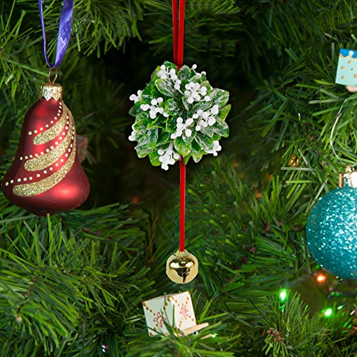 Hanging Mistletoe Kissing Ball Ornament with Bell - 10-Inch Christmas Decor