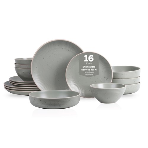 Stone Lain Lauren Stoneware, Rustic Plates and Bowls Set, Dinnerware, Service for 4, Speckled Green, Dishwasher & Microwave Safe, 16-Piece