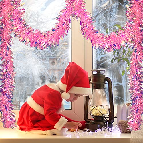 20ft Pink Iridescent Christmas Tinsel Garland with Star Accents