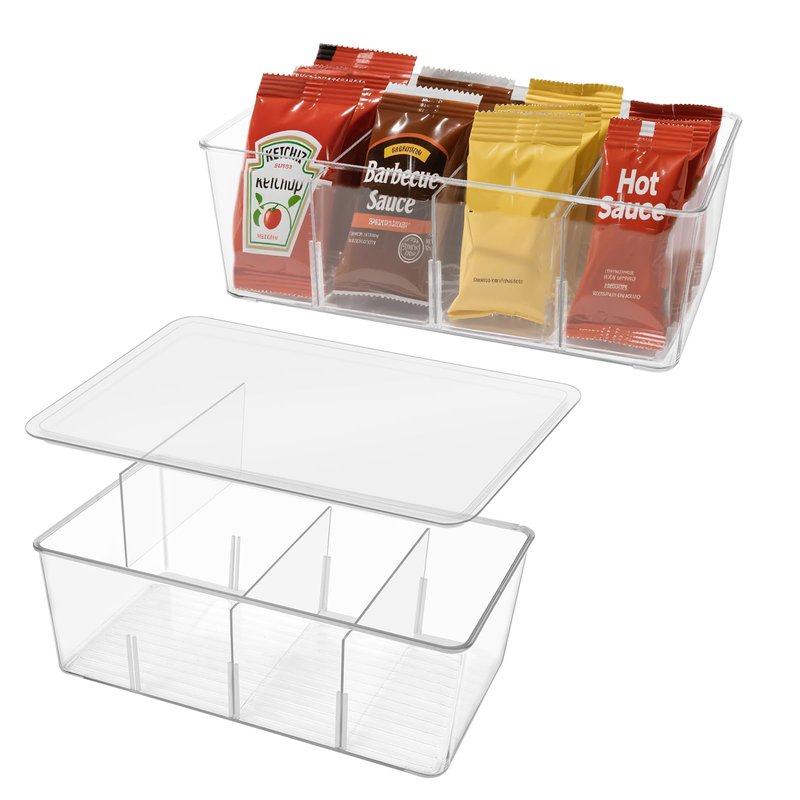2 Pack Sauce Packet Organizer, Storage Box for Ketchup Packets, Hot Sauce Packets, and Condiment Packets, Made of Clear Plastic, Suitable for Kitchen Storage, Refrigerator Storage, One Lid Included