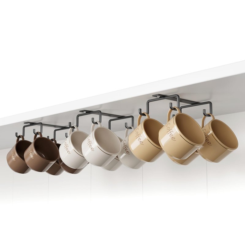 ECROCY Coffee Mug Holder Easy Screw Mounting, 3 Pack Mug Hooks Under Shelf with Wide Hook Spacing