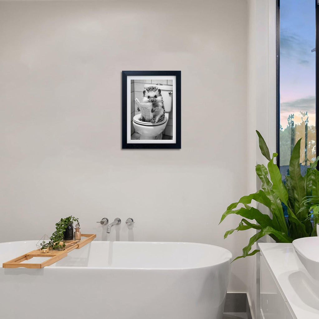 Regine Switzerland Funny Bathroom Wall Decor - Framed Black and White Hedgehog Reading Newspaper
