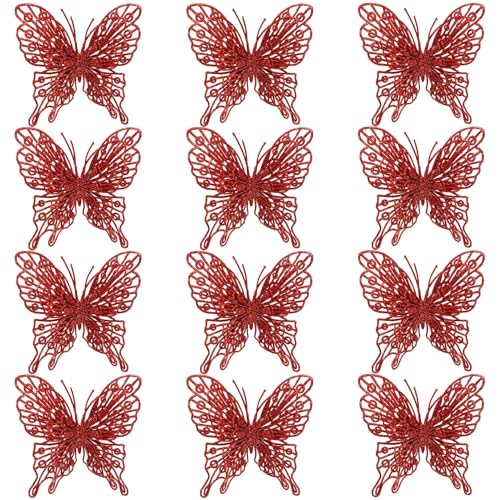 Red 3D Glitter Butterfly Christmas Tree Ornaments - 12-Pack 5-inch Decor