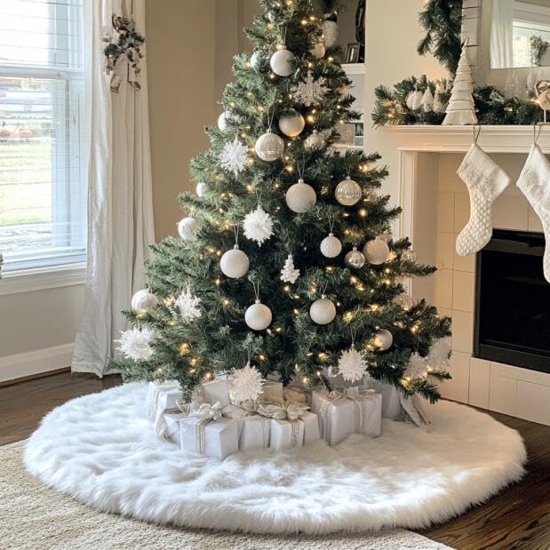 48-Inch Faux Fur Christmas Tree Skirt - White Plush Holiday Decor