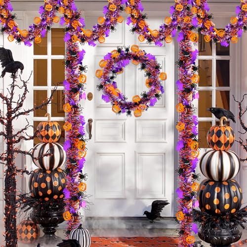 50FT Halloween Metallic Tinsel Garland with Pumpkin Spider Bat Ornaments
