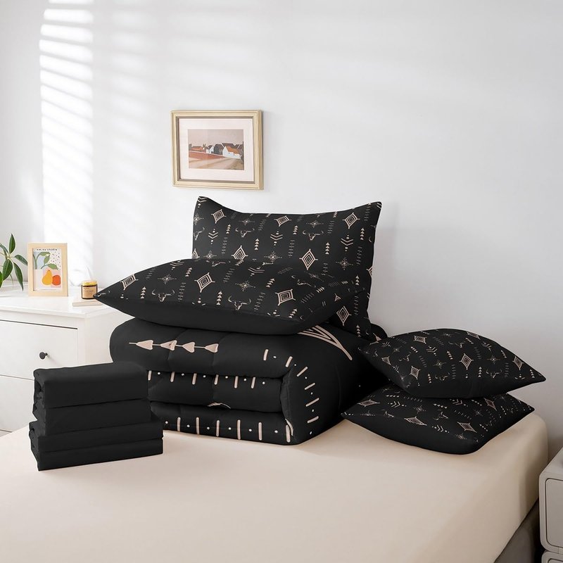 Feelyou Rustic Western 7 Piece Bedding Set Queen Size Kids Western Tribal Bull Skull Bed in a Bag Adult Black Brown Boho Ethnic Aztec Cow Pattern Comforter Set with Sheets