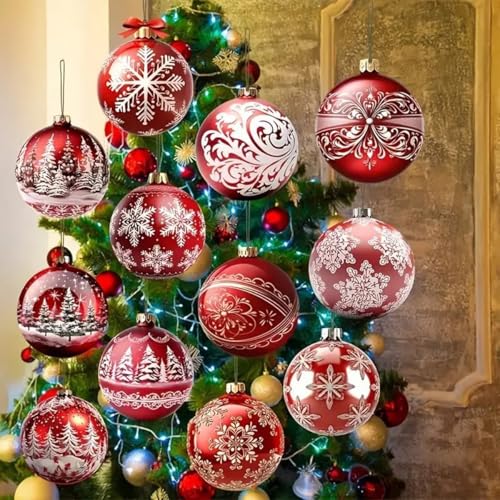 Mkwntg 12Pcs Christmas Wooden Ornaments Set - Red Gift Ball Snowflake Santa Decorations for Holiday Tree & Party